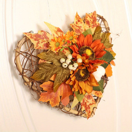 Heart-Shaped Thanksgiving & Halloween Wreath with Maple Leaves, Pumpkins & Sunflowers