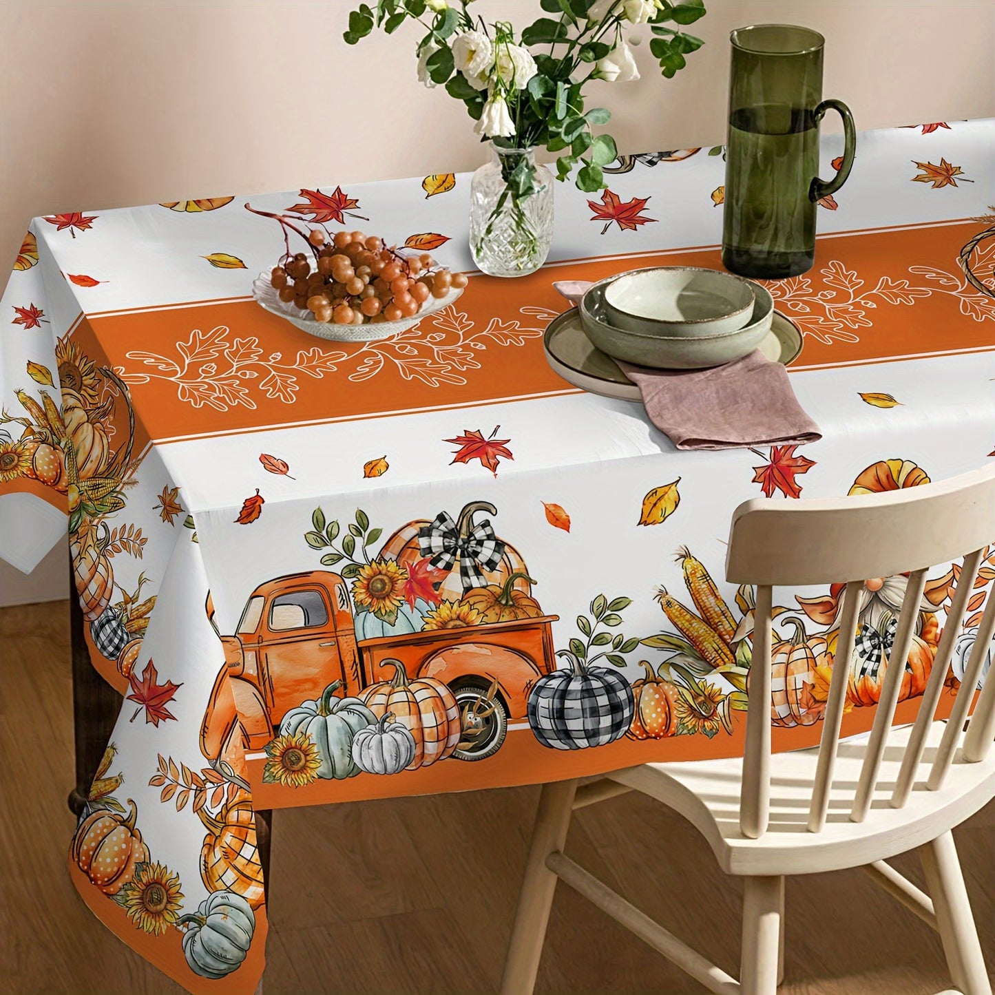 Autumn Harvest Tablecloth with Pumpkin, Maple Leaf & Birds Design – Machine-Woven Polyester with PVC Coating