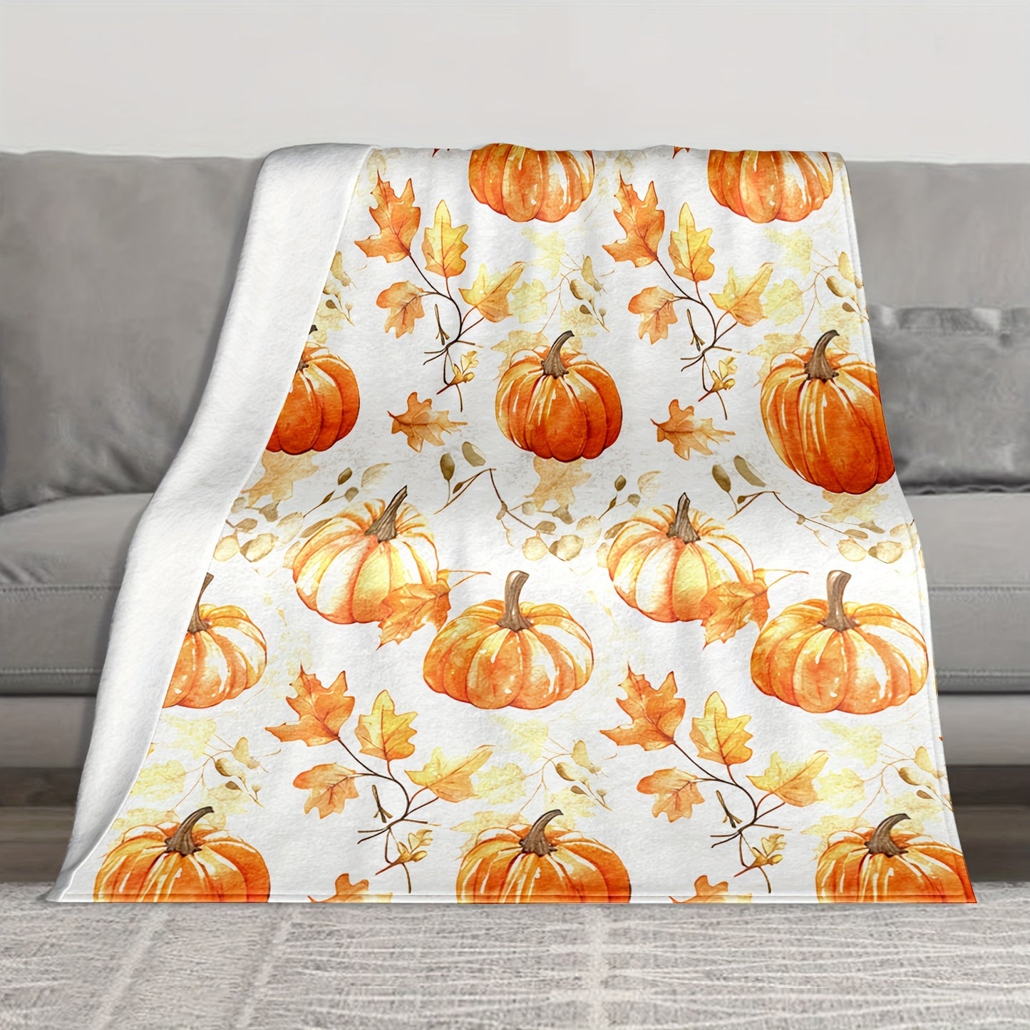 Cozy Flannel Thanksgiving Blanket – Rustic Pumpkin & Maple Leaf Design, Soft Fall Throw