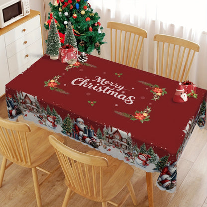 Christmas Holiday Tablecloth with Santa, Snowman, and Christmas Tree Design - Durable Polyester, Machine-Woven Rectangular Table Cover for Indoor & Outdoor Use