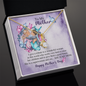 Gold teardrop pendant necklace on chain in purple floral gift box with card personalized mom necklace with message card