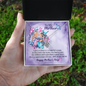 personalized mom necklace with message card showing silver pendant on purple To My Mother tribute card