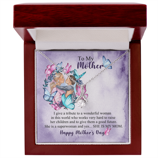 personalized mom necklace with message card in wooden gift box featuring mother child art and butterflies