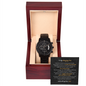 Black metal chronograph on a watch with date feature in a wooden presentation box from ShineOn Fulfillment