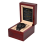 Black chronograph on a watch with metal band in a polished wooden gift box by ShineOn Fulfillment