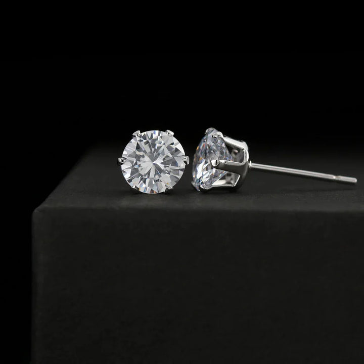 Someone Said Gift round clear crystal stud earrings with silver prong setting on black surface