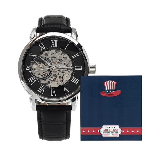 Someone Said Gift silver mechanical watch with black leather strap and visible gears with 4th of July Independence Day card gift presents for him