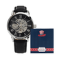 Someone Said Gift silver mechanical watch with black leather strap and visible gears with 4th of July Independence Day card gift presents for him