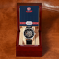 Silver mechanical watch with black leather strap in wooden box with 4th of July Independence Day card gift presents for him