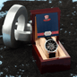 Someone Said Gift mechanical watch with black leather strap and skeleton dial in wooden box with 4th of July engraving gift presents for him