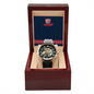Silver mechanical watch with black leather strap in wooden box engraved with 4th of July Independence text gift presents for him
