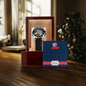 Silver skeleton dial watch with black leather band in wooden box labeled 4th of July gift presents for him