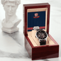 Black leather strap watch with silver skeleton dial in wooden box with 4th of July engraving gift presents for him