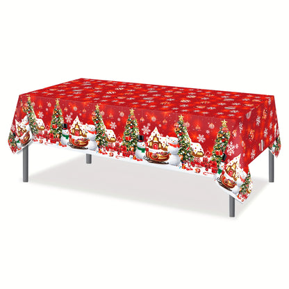 Festive Christmas Party Tablecloth - Red Plastic Table Cover with Snowmen, Trees, and Gifts Design for Holiday Events and Xmas Party Supplies