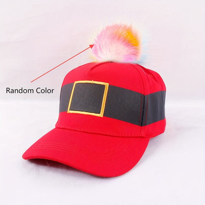 2PCS Santa Claus Christmas Party Belt Hat with Pom-Pom - Unisex Cotton Baseball Cap - Festive Holiday Fashion Accessory