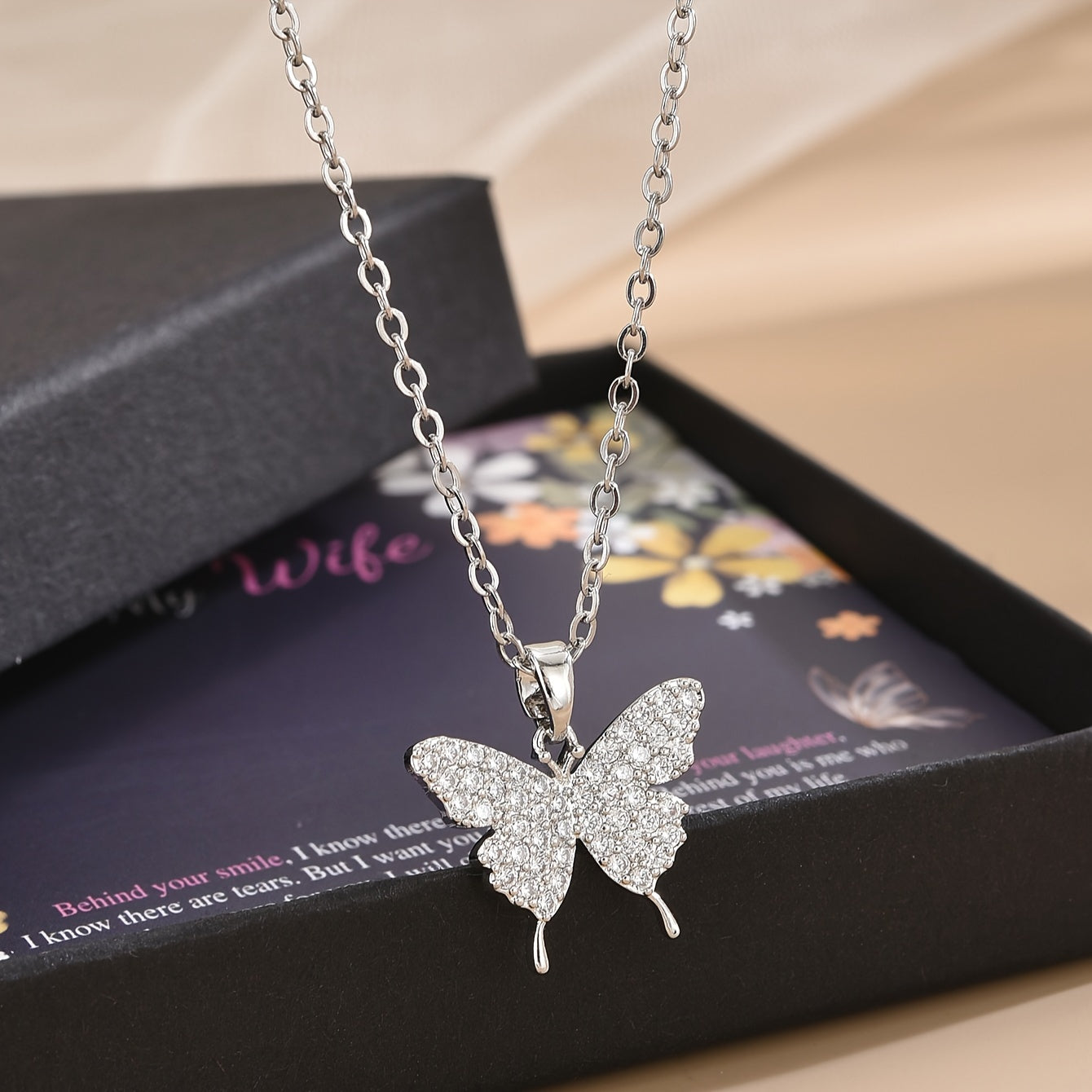 Butterfly Pendant Zirconia Necklace with Blessing Card & Gift Box – Perfect Valentine's Day Gift for Wife