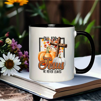 Funny Maple Leaf Pumpkin Cross Ceramic Mug – Fall For Jesus, He Never Leaves