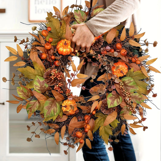 21.6'' Classic Autumn Wreath with Pumpkins, Maple Leaves & Pinecones - Halloween & Thanksgiving Décor