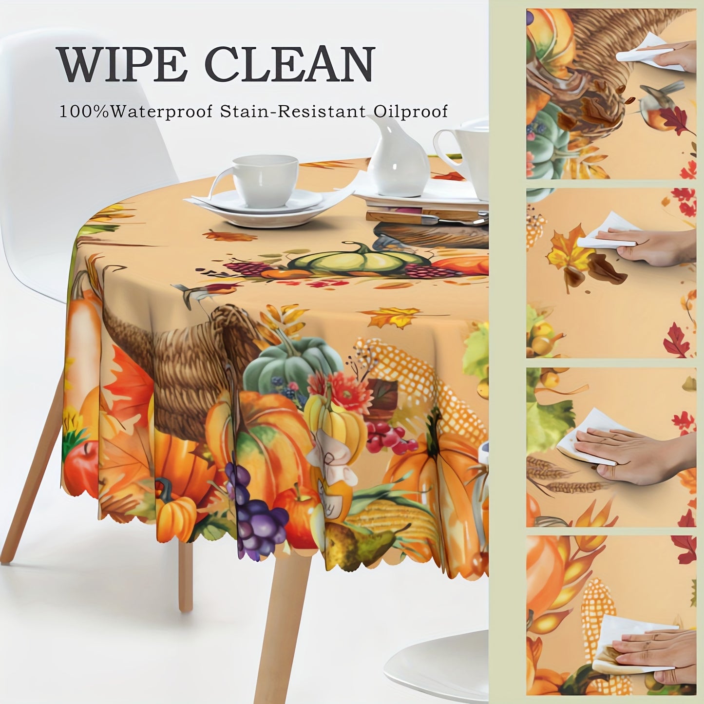 Autumn Harvest Tablecloth with Pumpkin & Turkey Print – Stain & Water Resistant