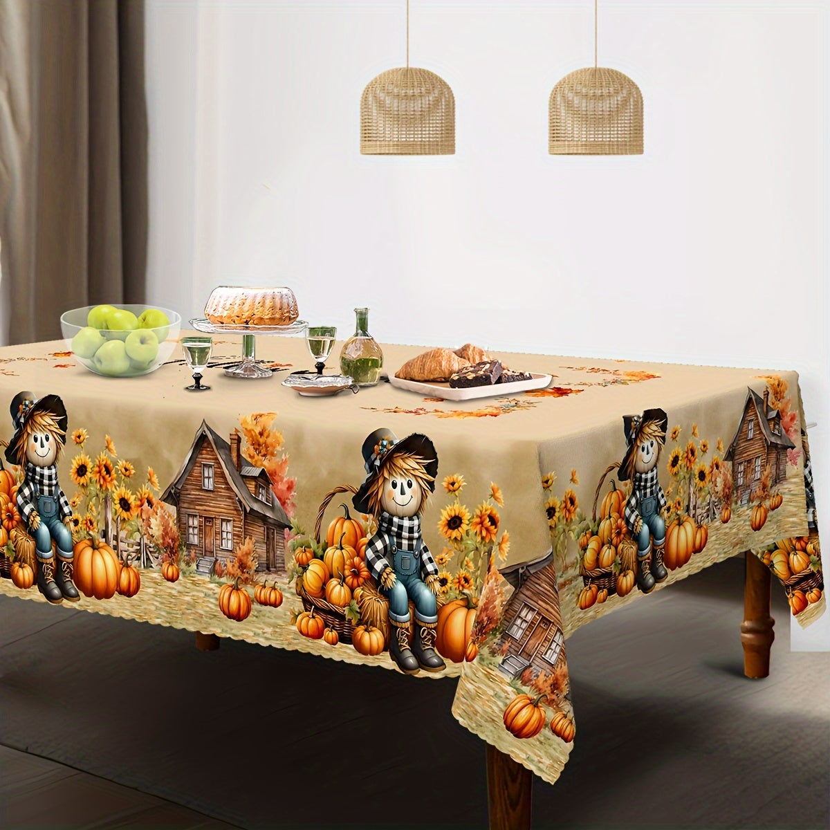 Charming Scarecrow Fall Harvest Tablecloth – Waterproof & Wrinkle-Free