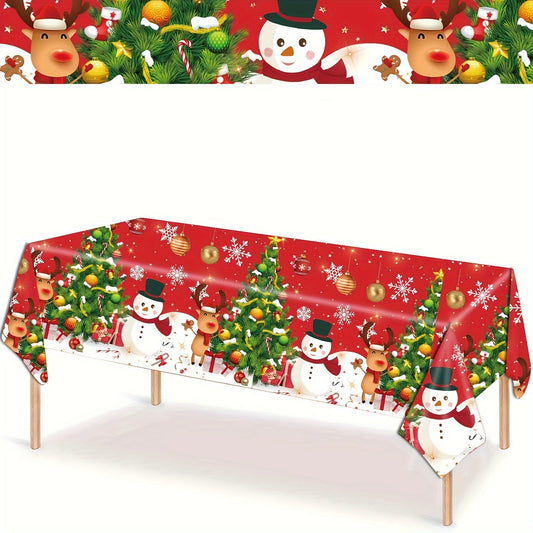 Top-Rated Christmas Party Tablecloth - Festive Snowman & Tree Design, Disposable PE Material, Ideal for Holiday Gatherings & Birthday Celebrations