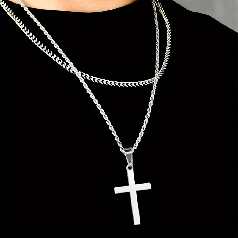 3-Piece Handmade Rope & Cross Pendant Necklace Set - Trendy Titanium Steel Gift for Brother with Gift Box