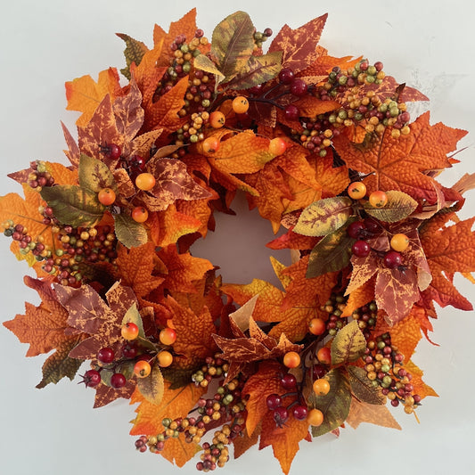 21.65in Autumn Maple Leaf Wreath with Berries - Thanksgiving & Harvest Décor