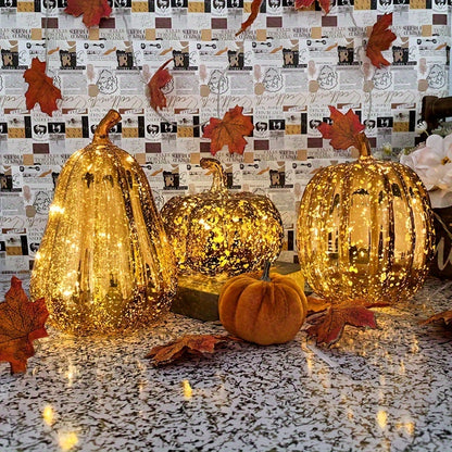 3-Piece Decorative Pumpkin Lights Set – Faux Glitter Pumpkins for Halloween, Thanksgiving, and Christmas Decor