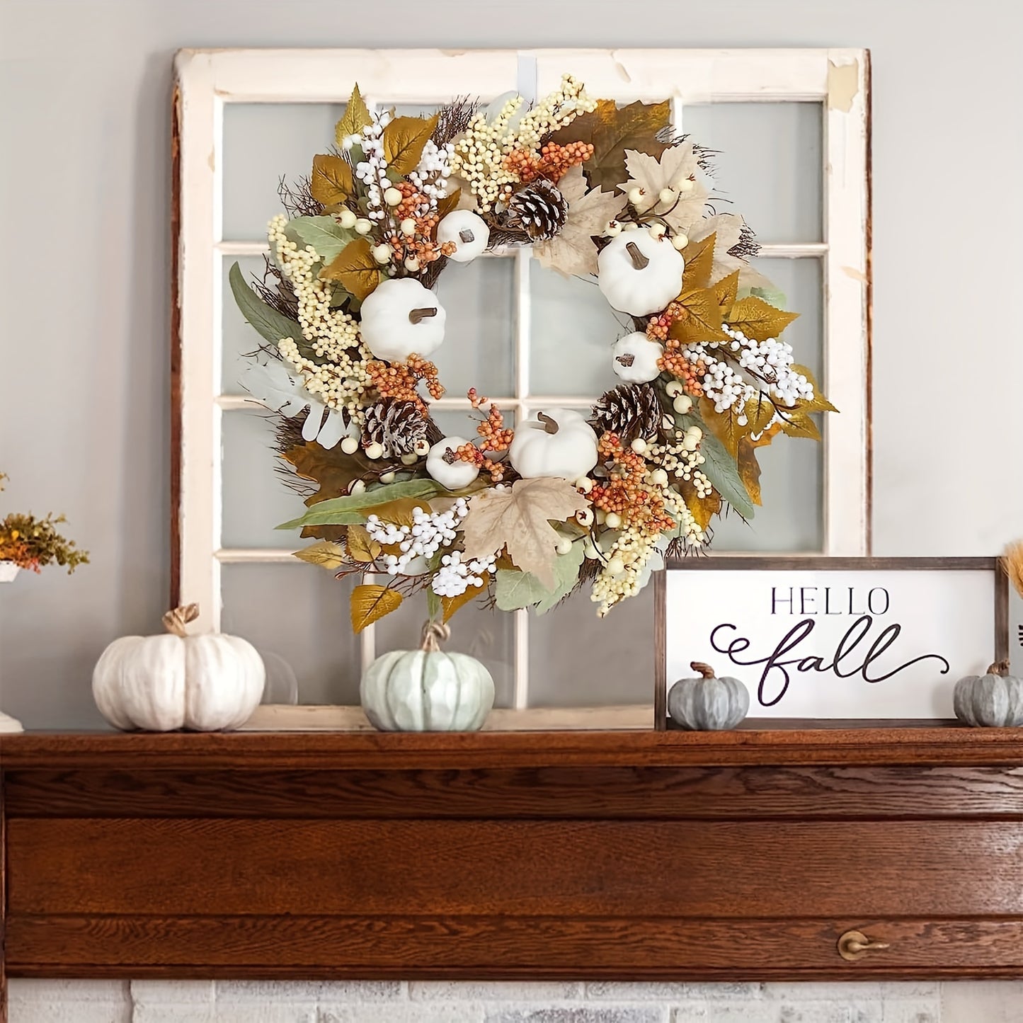 18 Inch Autumn Harvest Wreath with Pumpkins & Maple Leaves - Thanksgiving & Halloween Décor