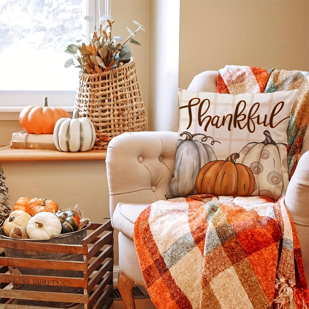 4PCS Fall Throw Pillow Cover Set – Buffalo Plaid & Pumpkin Design, 18x18” for Outdoor Thanksgiving Decor