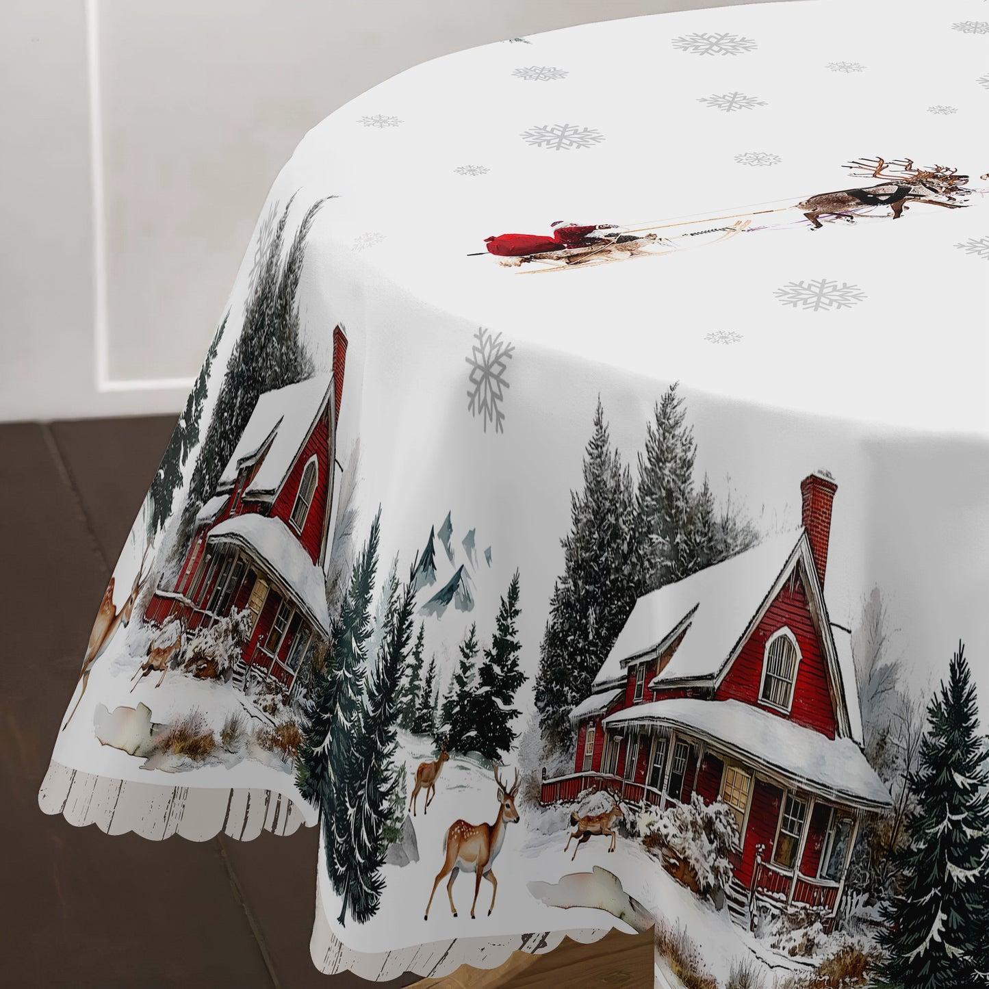 Christmas Cheer Tablecloth - Polyester Snowy Elk & Santa Design with Embossed Edge, Stain & Water Resistant for Holiday Dining, Parties, and Outdoor Picnics