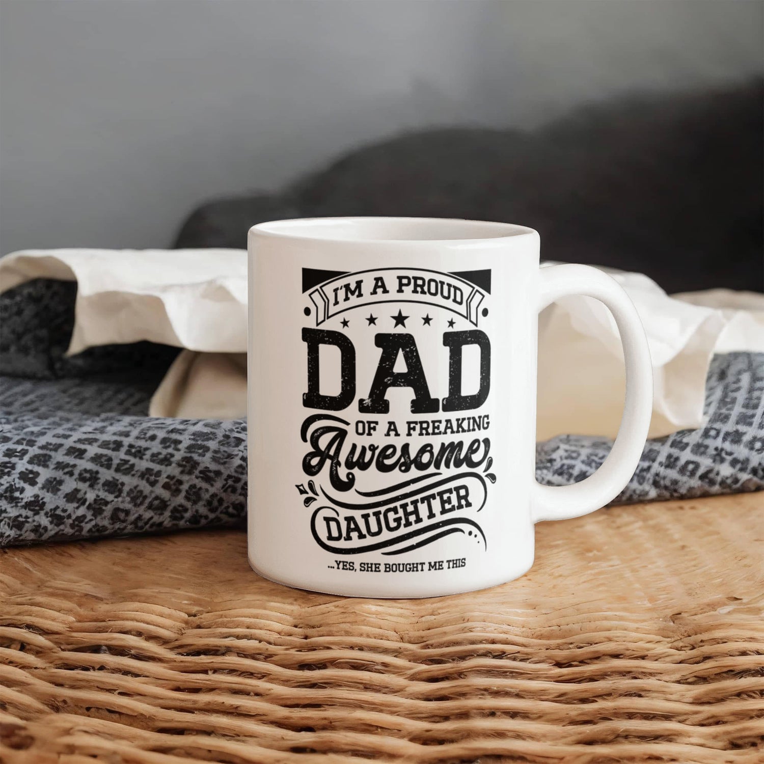 White mug with black text design for dad gift ideas from daughter showing proud dad appreciation