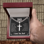 Silver cuban link chain necklace with cross pendant in red gift box for dad