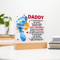 Acrylic plaque with baby footprints and heartfelt Father's Day message on wooden stand