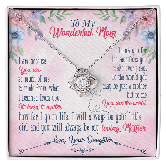 ShineOn Fulfillment personalized mom necklace silver knot pendant with crystal on pink floral message card