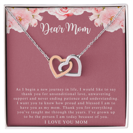 ShineOn Fulfillment personalized interlocking hearts necklace two tone rose gold and silver on Dear Mom gift card