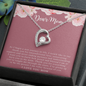 Heart pendant necklace with crystal on silver chain on Dear Mom card forever love necklace thank you for your love.