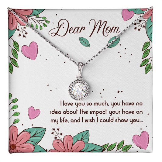 personalized eternal hope necklace displayed on floral Dear Mom gift card with round halo pendant and silver chain