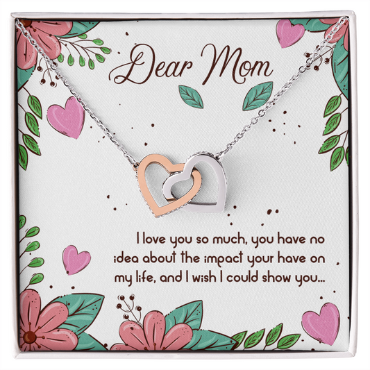 ShineOn Fulfillment personalized interlocking hearts necklace with rose gold and silver hearts on chain in Dear Mom floral gift box