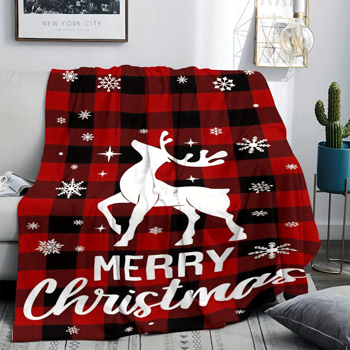 Luxury Christmas Elk Flannel Fleece Throw Blanket – Cozy and Warm Bedspread for Couch, Chair, Bed, and Travel