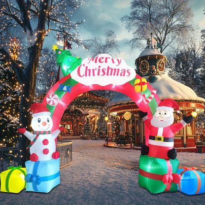 12.5ft Inflatable Christmas Archway - Santa Claus and Snowman on Gift Boxes with LED Lights