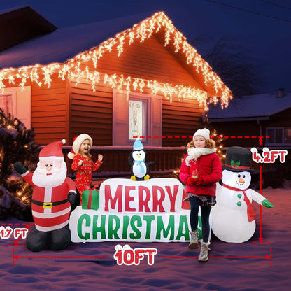 10ft Long Lighted Christmas Inflatable - Merry Christmas Sign with Santa, Snowman, and Penguin