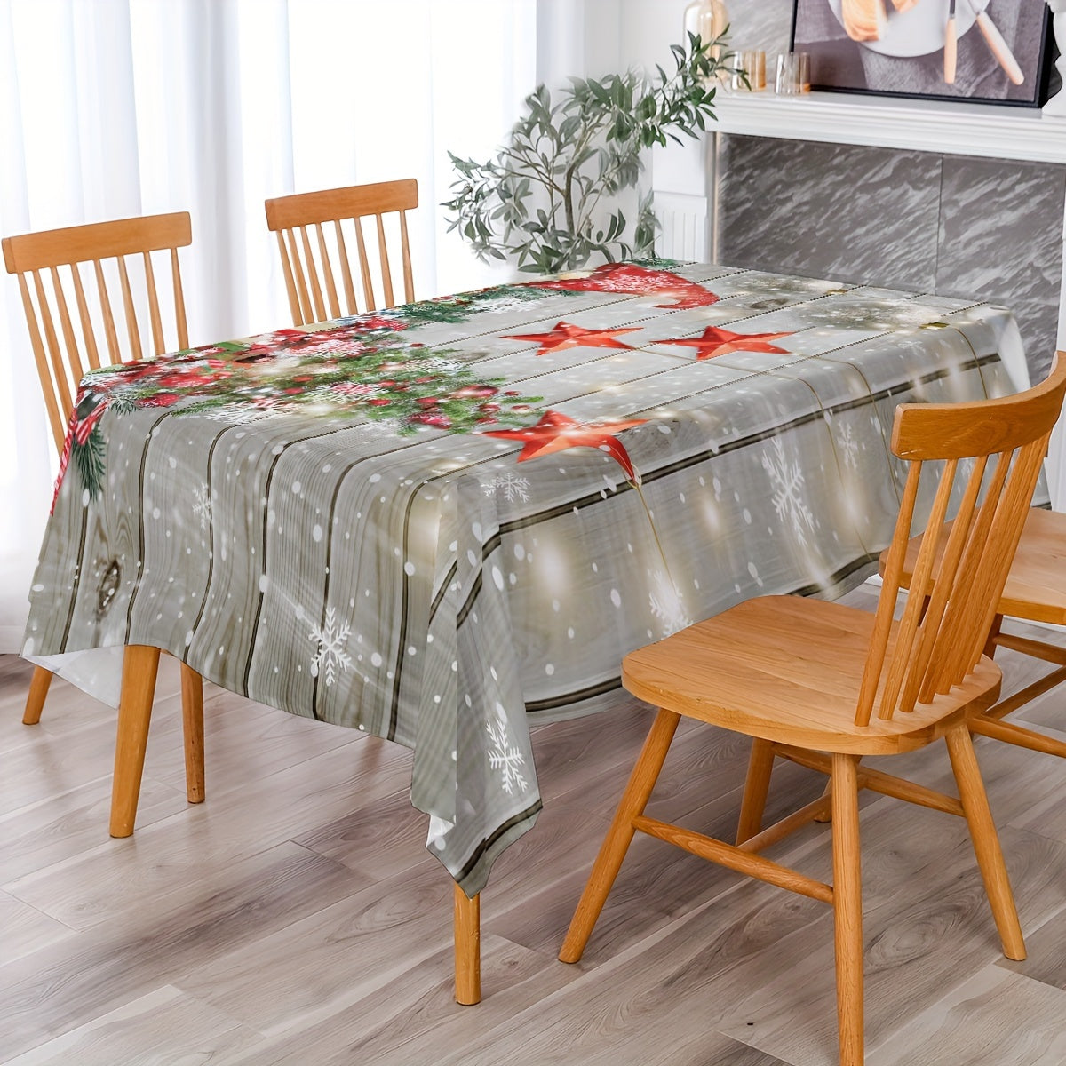 Merry Christmas Gnome & Snowflake Pattern Tablecloth - Festive Polyester Table Cover for Holiday Gatherings and Home Decor