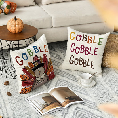 Contemporary Thanksgiving Pillow Covers Set – 4PCS with Turkey & Pumpkin Designs, Machine Washable (18x18”)