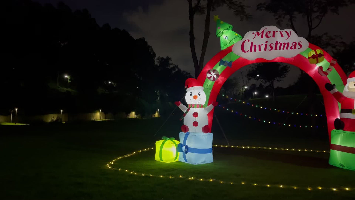 12.5ft Inflatable Christmas Archway - Santa Claus and Snowman on Gift Boxes with LED Lights