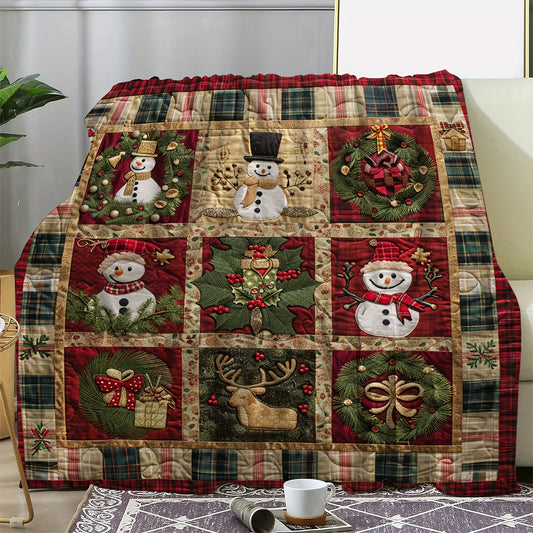 Cozy Vintage Christmas Wreath & Snowman Plaid Flannel Blanket – Soft, Warm Throw for Couch, Bed, Car, and Office