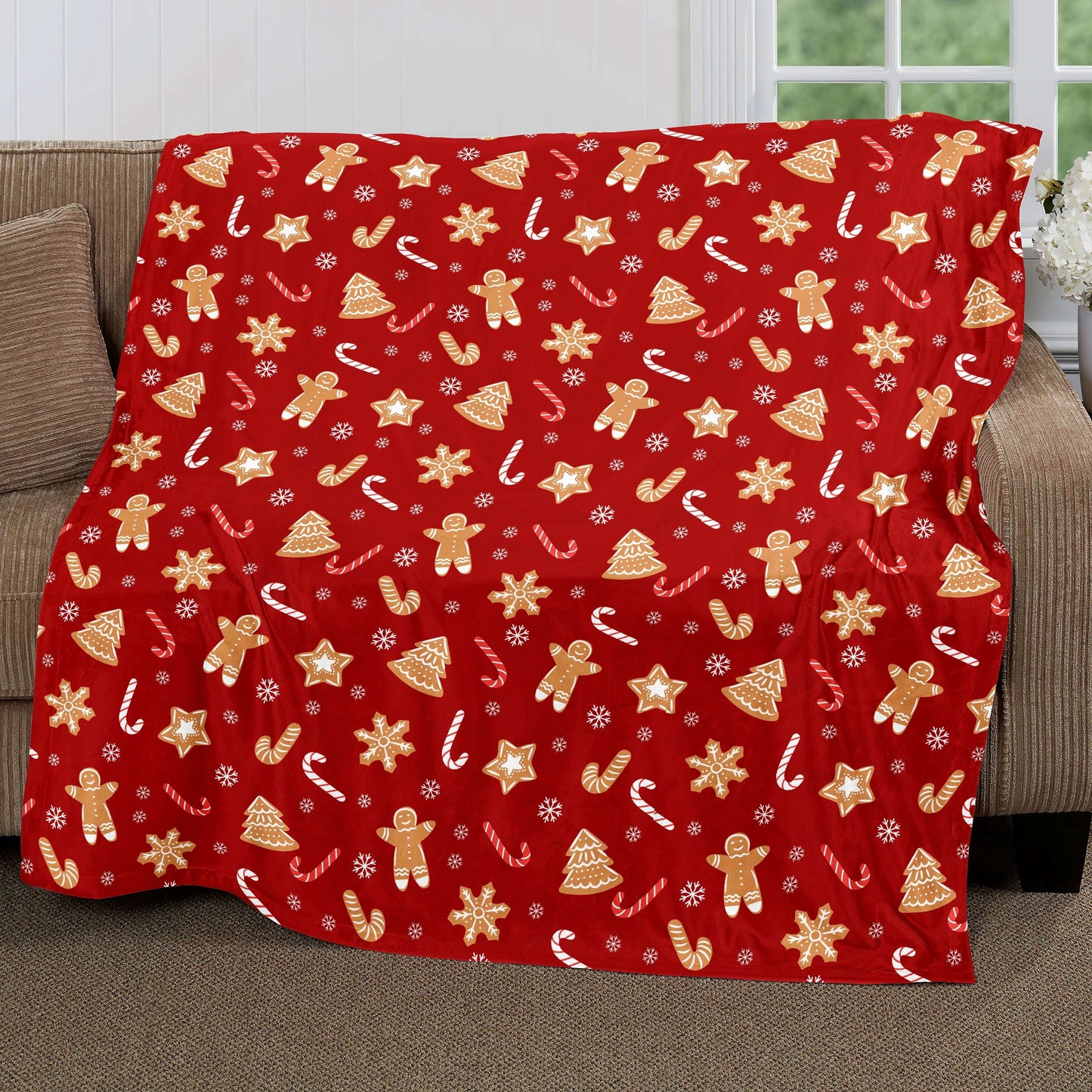 Christmas-Themed Gingerbread Man & Tree Throw Blanket – Soft, Warm, and Versatile for Couch, Bed, Office, and Travel