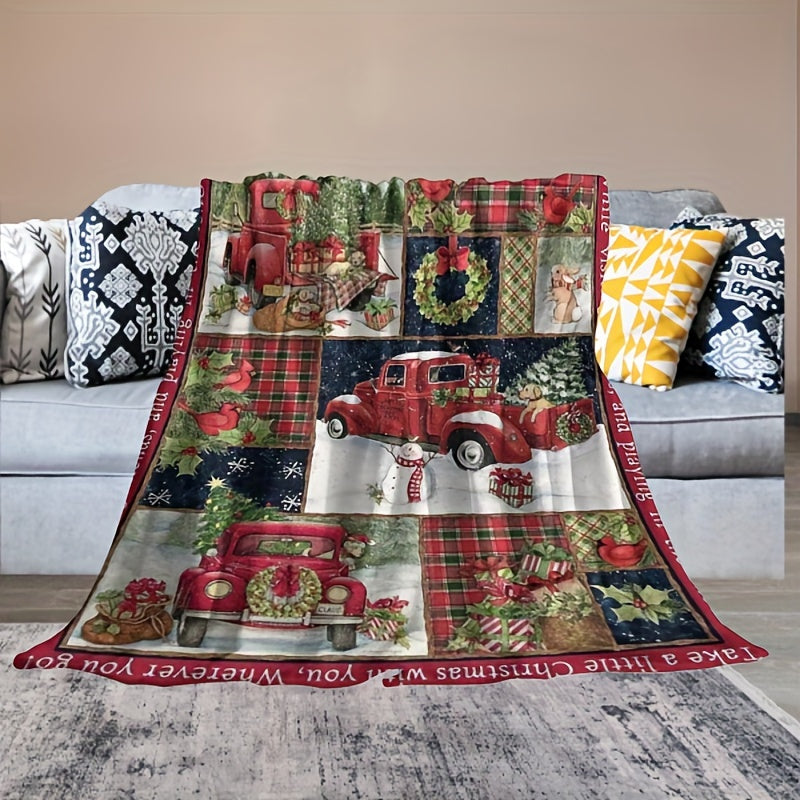 Cozy Christmas Car Print Flannel Blanket – Ultra-Soft, Warm & Lightweight Throw for Couch, Bed, Office, and Travel