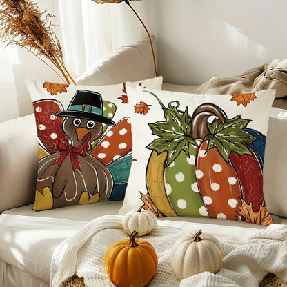 4PCS Thanksgiving Turkey & Pumpkin Throw Pillow Covers – Farmhouse Fall Decor (18x18”)