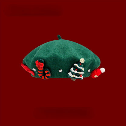 Christmas Red Beret Hat with 3D Christmas Tree Decoration - Festive Holiday Hat and Photo Prop